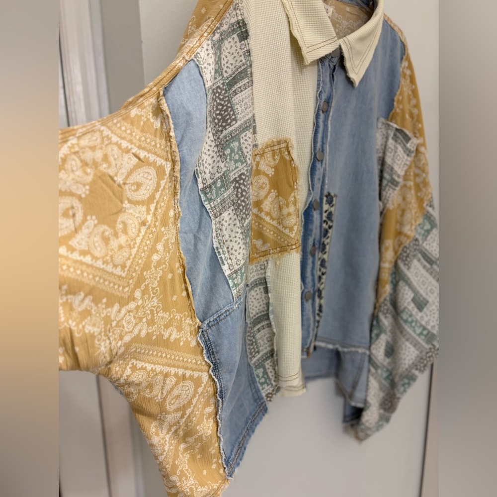 Pol Patchwork Boho Mixed Print Button Down Shirt … - image 6